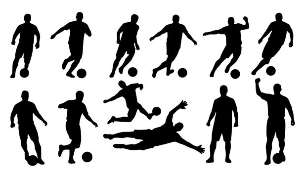 Soccer player silhouettes vector football action pose set