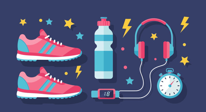 Healthy Lifestyle Vector Illustration: Sports Shoes, Stopwatch, Water Bottle, and Headphones