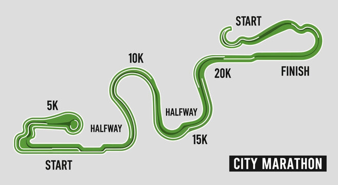 Illustrated Marathon Course Map Showing Start, Milestones And The Finish Line Race