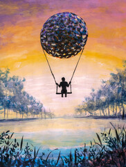 Surreal Hand-Painted Canvas Artwork of Silhouette on Swing with Floating Sphere Over Tranquil Lake at Sunset © weris7554