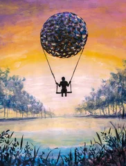 Surreal Hand-Painted Canvas Artwork of Silhouette on Swing with Floating Sphere Over Tranquil Lake at Sunset © weris7554