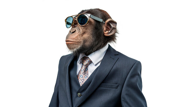 Monkey wearing sunglasses and a suit standing against a white background with confident expression isolated on transparent background	