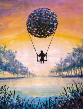 Surreal Hand-Painted Canvas Artwork of Silhouette on Swing with Floating Sphere Over Tranquil Lake at Sunset