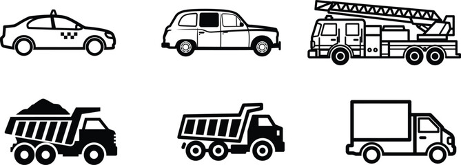 black and white illustrations of various types of trucks and cars side view © saidur