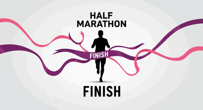 Half Marathon Runner Silhouette Reaching Finish Line With Flowing Ribbons Graphic
