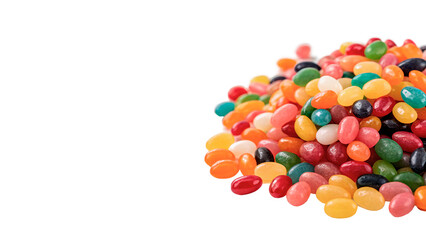 Obraz premium Colorful jelly beans scattered on a white background with various shapes and sizes in a random pile isolated on transparent background 
