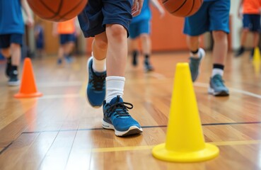 Naklejka premium Children practice basketball skills dribbling around cones on indoor court. Youngsters train in team sport class, developing coordination and active lifestyle habits with fun.