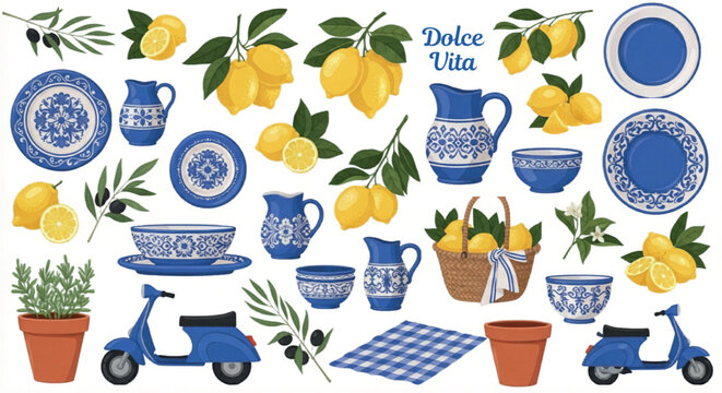 Mediterranean Dolce Vita vector set, Italian style lemons and blue ceramic pottery, rustic olive branches and blue scooters for summer design isolated PNG with Transparent Background