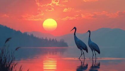 Obraz premium Two elegant red crowned cranes stand in calm shallow water reflecting fiery sunset. Mountains and forest create misty background. Peaceful nature scene.