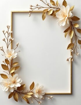 Elegant gold square frame with cream flowers and leaves. Design element for invitations, cards, or home decor. Luxurious botanical motif on white backdrop, copy space.