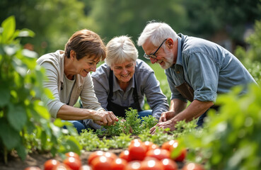 Naklejka premium Three seniors happily garden together, planting small green sprouts in vegetable patch. Experienced instructor guides them, sharing knowledge about growing fresh produce in sunny outdoor setting.