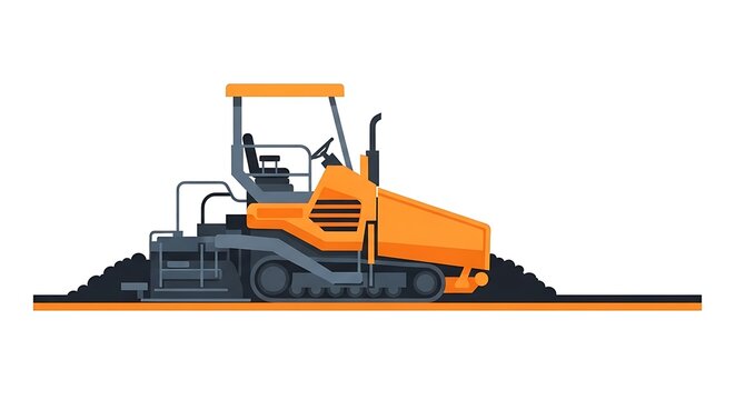 Yellow road paver machine laying down asphalt on construction site for new road