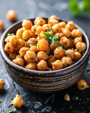 Roasted chickpeas seasoned with fresh herbs and spices served in rustic ceramic bowl on dark table for high protein snack or vegan salad topping for appetizers.