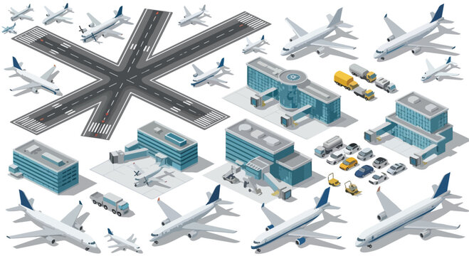 Isometric Airport Infrastructure Vector Set with Airplanes, Buildings, and Ground Vehicles