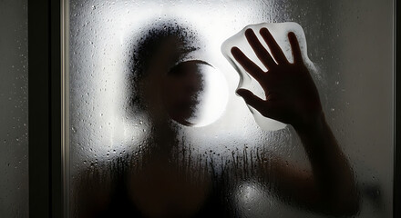 Obraz premium Silhouette of person behind fogged glass with hand pressed and smiley face drawn, artistic mysterious photo.