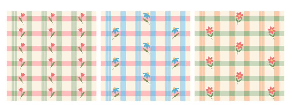 Vichy check seamless pattern, plaid square backgrounds with cute flowers in pastel color. Gingham floral, checkered spring geometric texture for fabric design, tablecloth textile print, picnic blanket