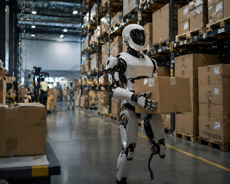 Humanoid Robot Carrying Boxes in Warehouse Logistics Center