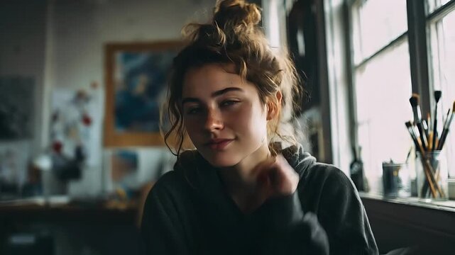 Portrait of a young woman in a dark hoodie, smiling softly in a sunlit studio. Warm window light highlights her freckled skin and messy curly hair, with brushes and art supplies in the background. Cre