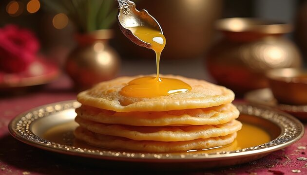 Stack of Maharashtrian puran poli flatbreads served on ornate brass plate. Golden ghee generously poured over sweet dessert. Festive Indian meal close-up.