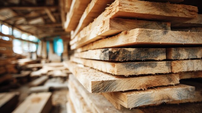 Stack of wooden planks in a lumberyard