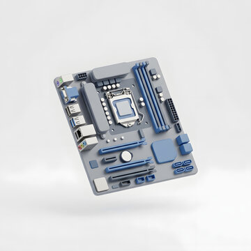 Stylized 3D Model of a Computer Motherboard with Blue Accents