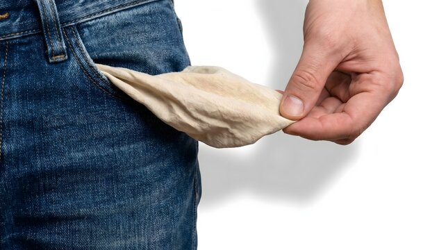 Turned inside out empty pocket isolated on white background representing lack of money, rising costs and financial stress.