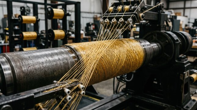 Close medium shot of aramid fiber filaments carefully layered on a mandrel by winding machines emphasizing the durability and lightweight properties of composite rocket motor