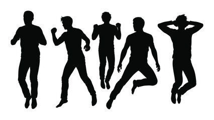 Silhouettes of five young men jumping and posing with energetic body language © Payara