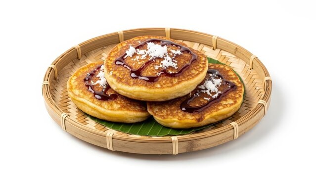 Delicious stacked pancakes topped with syrup and coconut flakes served on a banana leaf in a woven basket