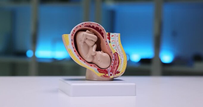 Pregnancy anatomy model displays fetus cross section on stand. Medical education prop explains womb layers supporting obstetric students training