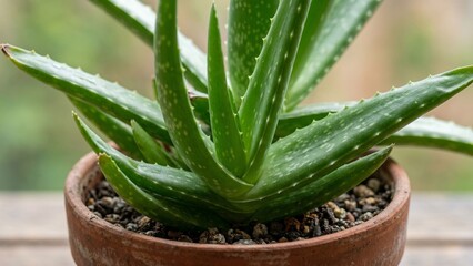Fototapeta premium Close Up of Healthy Green Aloe Vera Succulent in Clay Pot