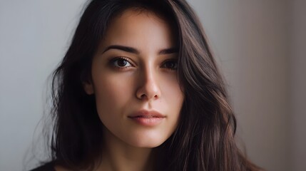 Naklejka premium Captivating close up portrait of a thoughtful woman with long dark hair set against a soft neutral background
