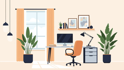 Fototapeta premium Peaceful home office workspace featuring a computer desk with an orange chair, green potted plants, and a large window overlooking white clouds.