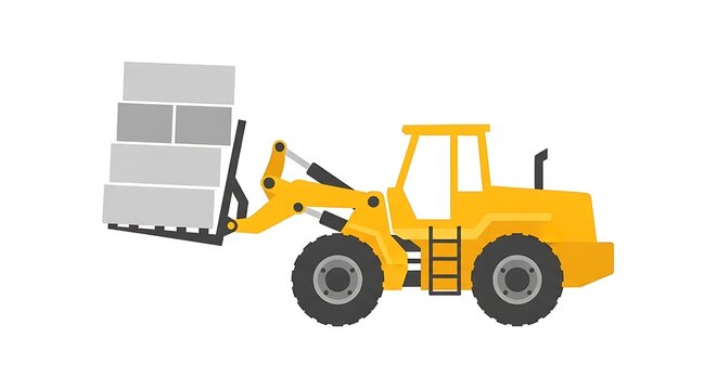 Yellow loader with forks carrying stack of grey concrete blocks on construction site, material handling
