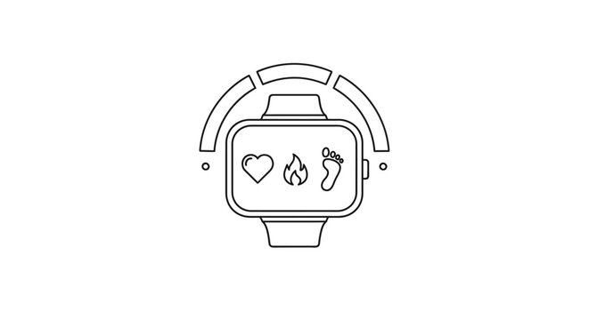 Smartwatch with fitness icons on screen.