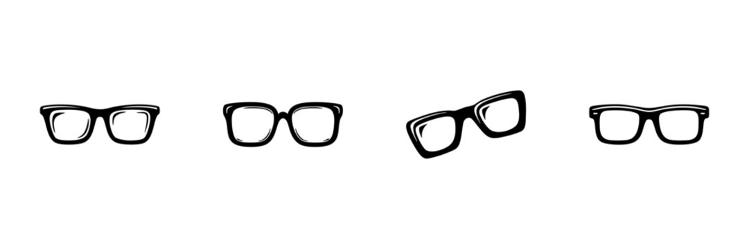 Glasses Icon Set In Hand Drawn Style. Eyewear Fashion, Vision Correction, Optical Accessories Doodle Sketch Collection. Stylish Frames Variety. Isolated Vector Illustration