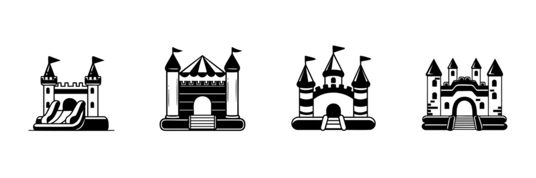 Bouncy Castle Icons In Hand Drawn Style Set. Inflatable Play Structures, Kids Entertainment, Party Fun Doodle Sketch Collection. Amusement Park Elements. Isolated Vector Illustration