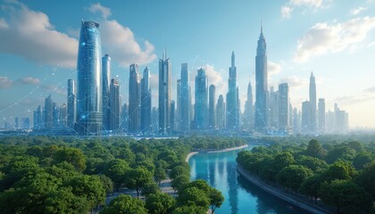Fototapeta premium Futuristic city skyline with interconnected digital network lines overlays. Tall glass skyscrapers rise above lush green parkland and winding river. Bright day sky with clouds above modern metropolis.