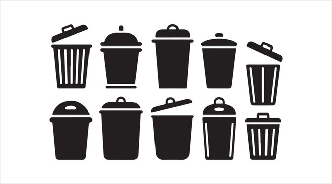 Collection of trash bin icons in flat style for waste management and recycling themes