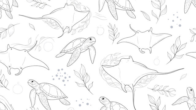 Detailed seamless pattern featuring black and white line art drawings of sea turtles, manta rays, and underwater plants on a clean white background.