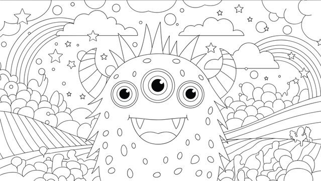 Fun black and white coloring book page for children featuring a smiling three-eyed monster with horns in a magical landscape with rainbows and stars.