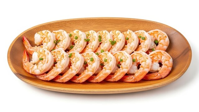A beautifully arranged wooden platter filled with perfectly cooked shrimp, garnished with fresh green herbs, ready to be served as a delectable appetizer