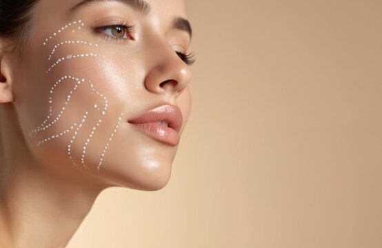 Woman gets facial treatment for skin rejuvenation. Cosmetic dots mark contours for lifting procedure. Beauty model achieves face sculpting and firm jawline.