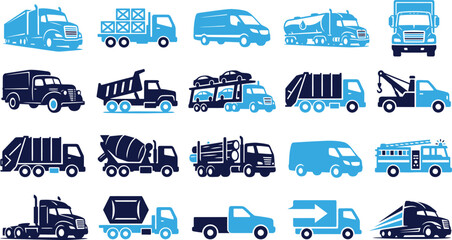 Various truck and vehicle icons representing transportation logistics and delivery services. © ParvejBD