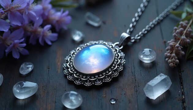 Elegant moonstone pendant necklace rests on dark wood. Clear crystals and purple flowers surround gemstone jewelry. Natural beauty accentuates piece. Fine craftsmanship, luxury accessory.