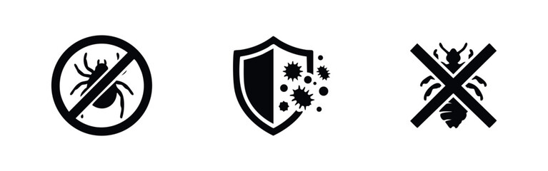 Set of vector icons for pest control and protection, featuring anti-tick, immune defense, and anti-lice symbols in a minimalist black and white style. © Lili