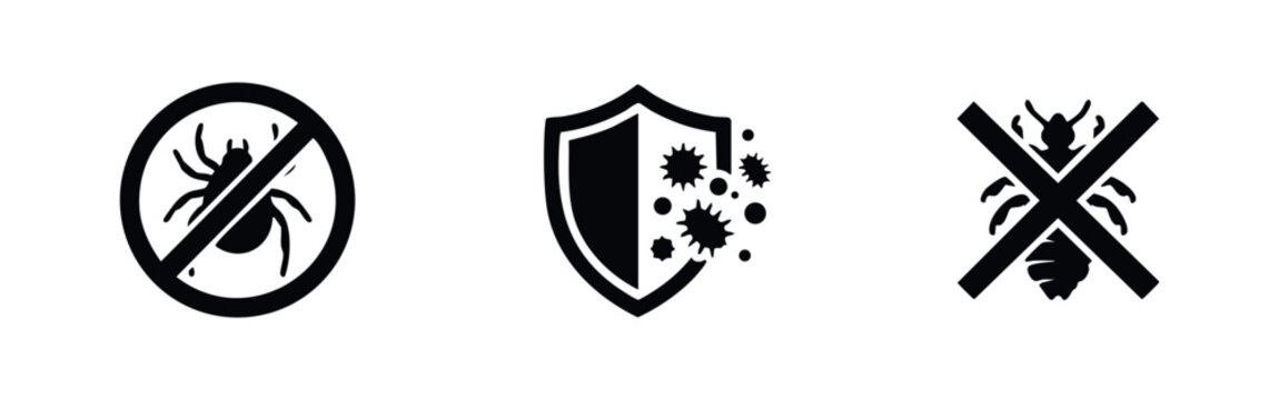 Set of vector icons for pest control and protection, featuring anti-tick, immune defense, and anti-lice symbols in a minimalist black and white style.