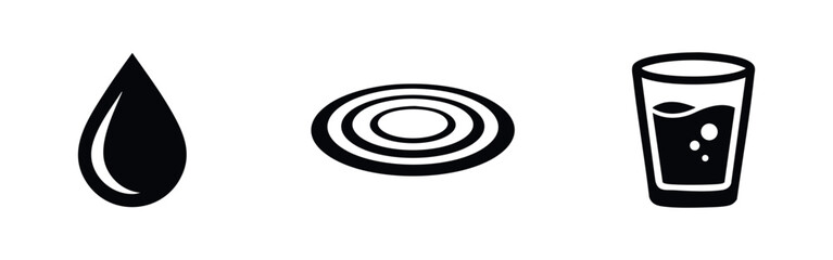 Fototapeta premium Minimalist black icon set featuring a water drop, concentric ripples, and a glass of water, isolated on white. Ideal for hydration and purity themes.