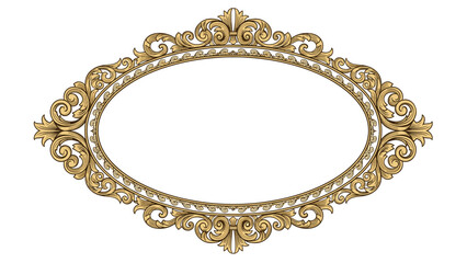 Obraz premium Elaborate golden oval frame with ornate baroque scrolls and classical decorations on a plain white background for art decor.
