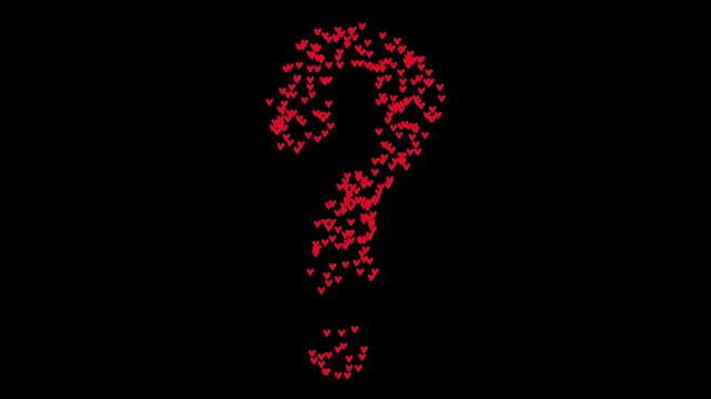 Hearts form a question mark in bright red on a dark background creating a striking visual display
